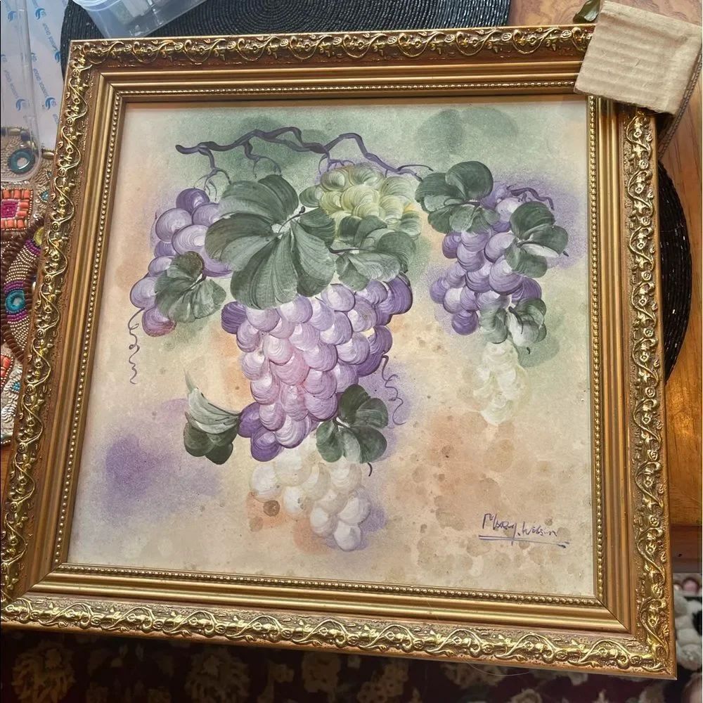 Framed Grape Wall Art Gold Ornate Frame Vineyard Kitchen Tuscan Decor SignedTile